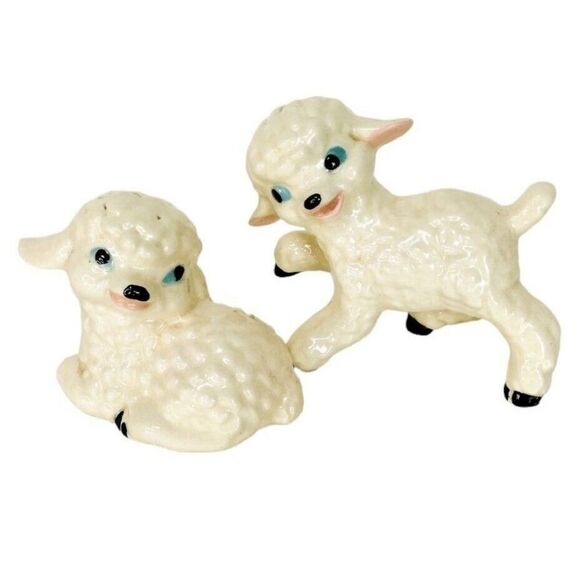 VTG 50s Porcelain Farmhouse Animals Lamb Figurines Big Blue Eyes Nursery Easter - Picture 2 of 12